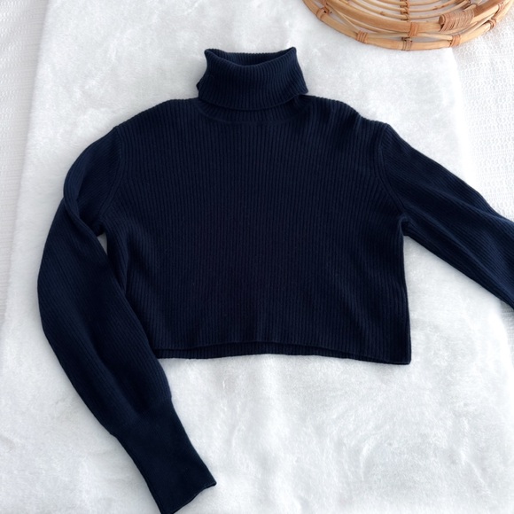 Reformation Luisa Cropped Turtleneck Sweater Navy Blue Cashmere - Picture 5 of 10